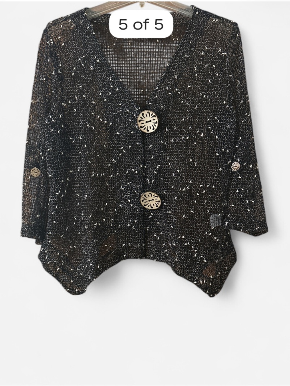 Nina Leonard Black Speckled Open Knit Sweater Cardigan with Decorative Buttons